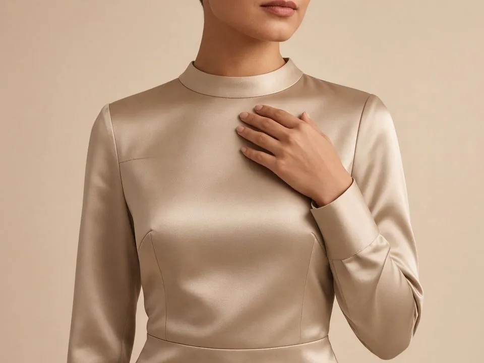 Woman in a high-neck champagne satin blouse with her hand on her chest, illustrating breast surgery